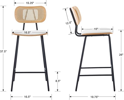 Miniatura 2 de Mid-Century - Juego de 2 taburetes de bar de piel sintética de 26 pulgadas con respaldo de ratán abierto, patas de metal, sillas de bar sin brazos