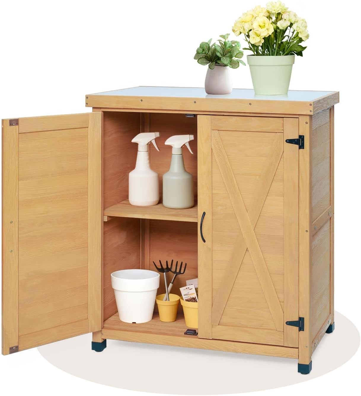 Outdoor Potting Bench with Storage, Metal Potting Tables for Outdoors, Garden Table with Metal Table Top, Outdoor Cabinet for Patio, Garden, Balcony & Yard (Light Brown)