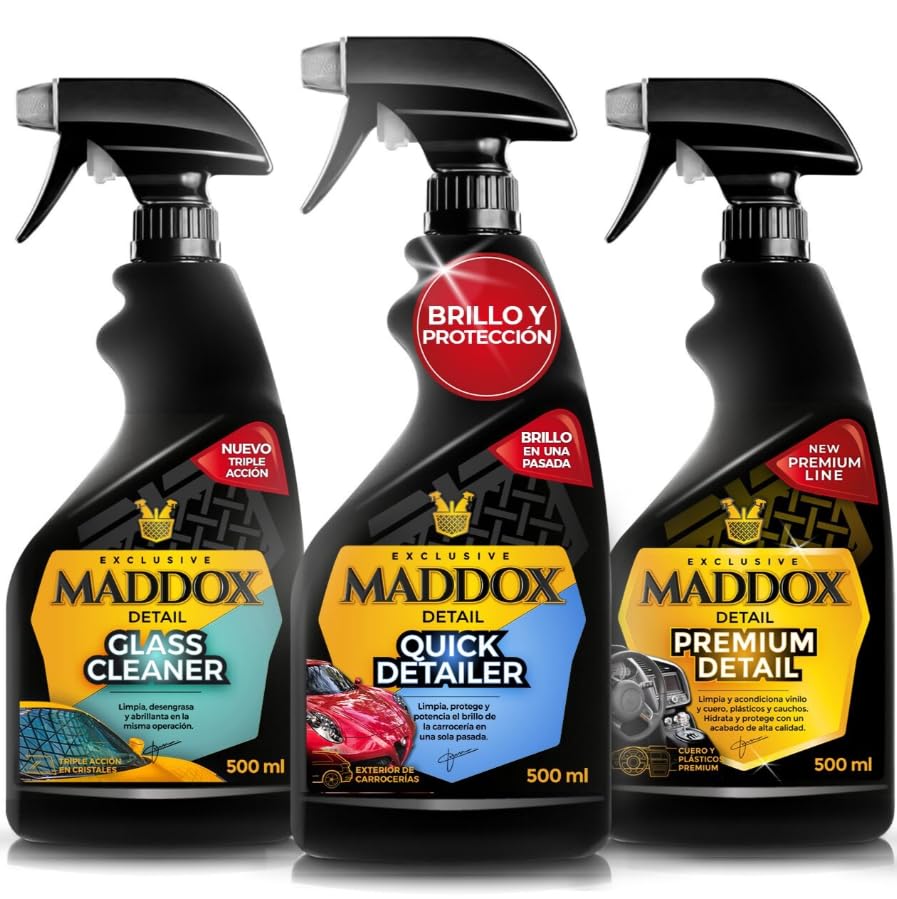 Maddox Detail - Pack de Cuidado Premium | Quick Detailer, Glass Cleaner y Premium Detail | Limpieza y Protección Integral | Fácil Aplicación | Cuidado del Coche Profesional Interior/Exterior 3x500 ml