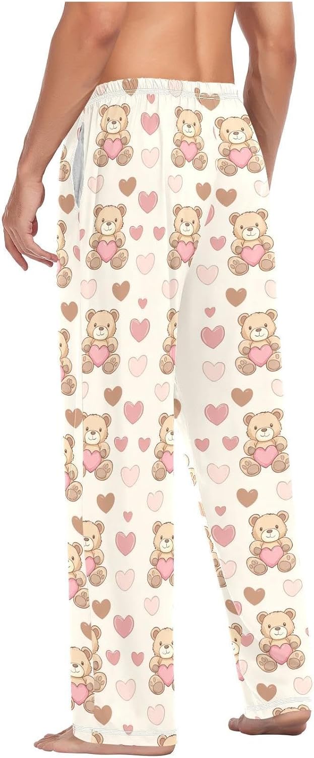 ZZKKO Pajamas Pants for Men Cartoon Bears Hearts Men's Pajama Bottoms Cotton PJ Pants for Mens S
