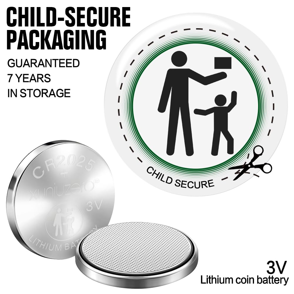 Confezione da 12 batterie a bottone al litio CR2025, 3 Volt, per la sicurezza dei bambini, compatibile con telecomandi, portachiavi, orologi, calcolatrici, 7 anni di durata