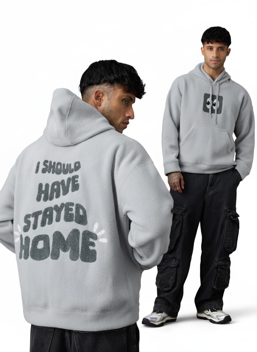 the souled store Just Stay Home Men and Boys Long Sleeve Hooded Neck Light Grey Embroidered Casual Drop Shoulder Streetwear Polyester Oversized Pullover Hoodie-picture-53
