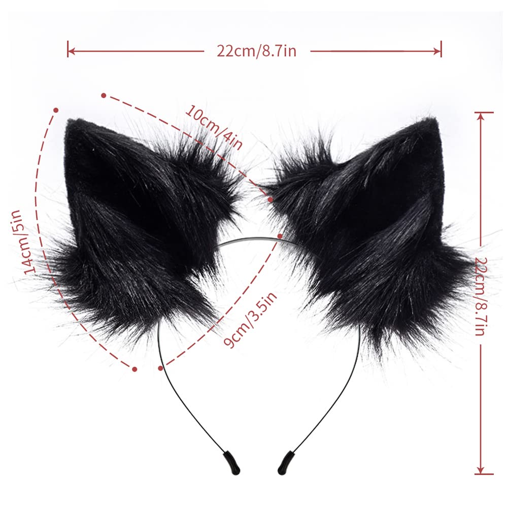 JUNBOON Faux Fur Cat Ears and Wolf Fox Tail Set Adult Kids Claw Glove Kit for Halloween Anime Cosplay Party: 1-black