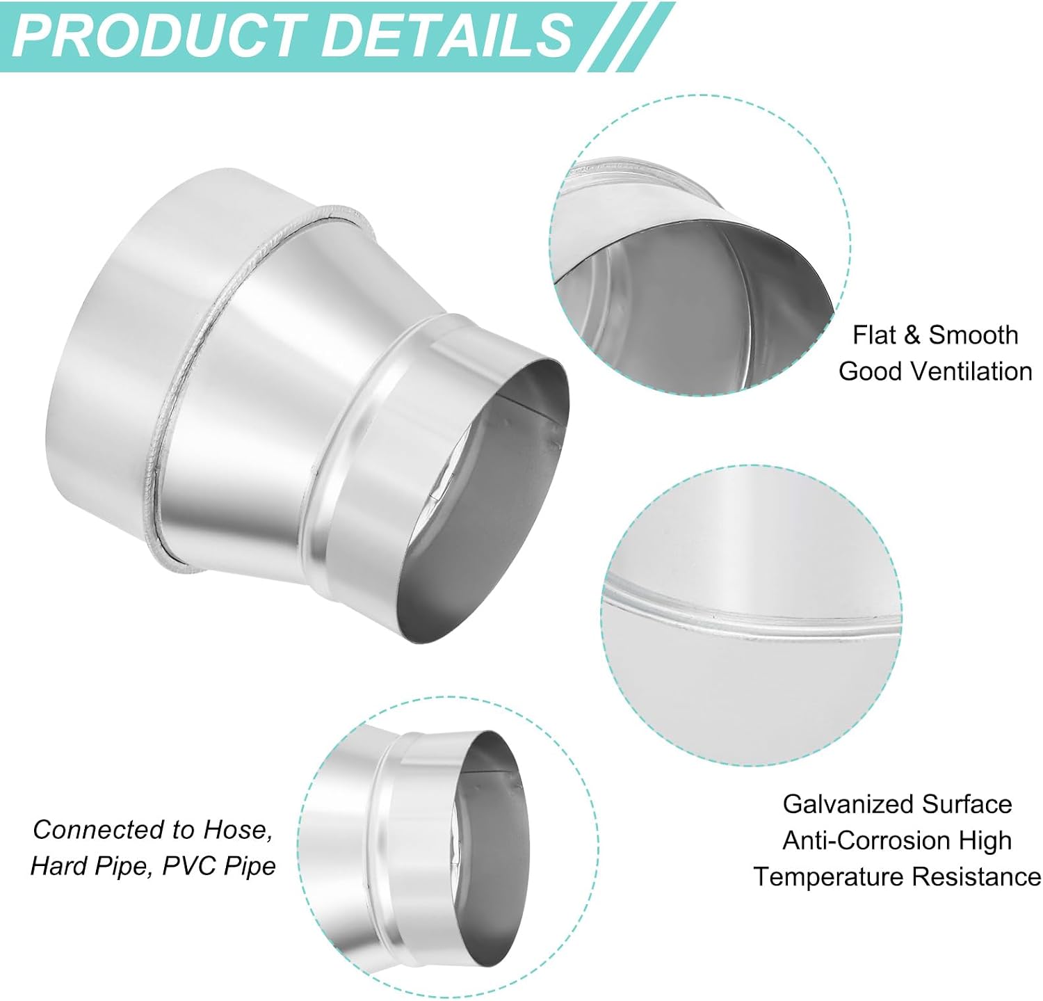 PATIKIL 5 to 4 Inch Duct Reducer, Galvanized Steel Air Ducting Pipe Vent Hose Reducer Increaser Round Dryer Ventilation Coupler for HVAC Duct Fan Dryer Vent Chimney