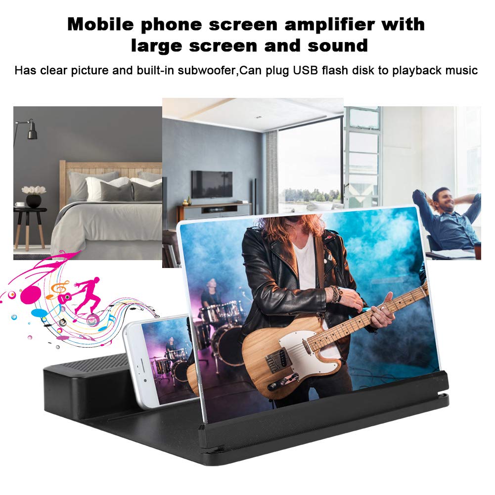 Lupa de Pantalla Móvil con Altavoz, Lupa de Pantalla de Teléfono Móvil con Altavoz Inalámbrico de 26 X 10 Pulgadas, Soporte de Sonido Amplificador de Ampliación (Negro)