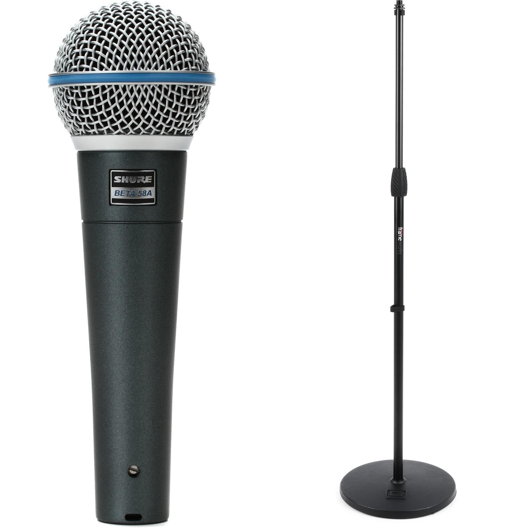 Shure Beta 58A Supercardioid Dynamic Vocal Microphone with Round Base Stand for Professional Singers, Live Performances, and Studio Recording