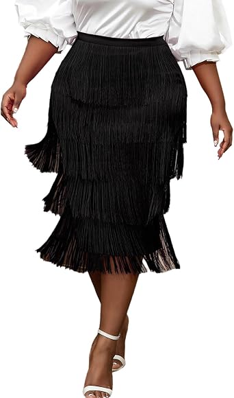AOMEI Womens High Waist Fringe Tiered Bodycon Pencil Midi Skirt