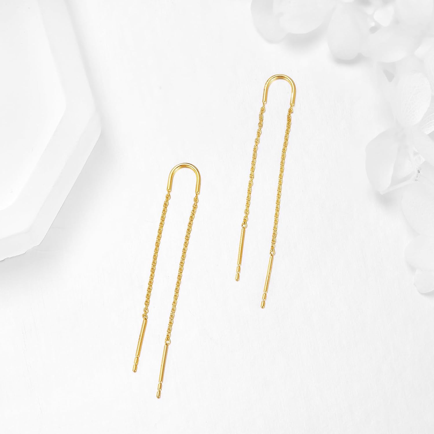 Pull Through Threader Earrings 14k/18K Real Solid Gold Long Piercing Long Pearl/Opal/Ball/Star/Cross/Twist/Teardrop Tassel Dangle Ear Line Eardrop Earrings Jewelry Gifts