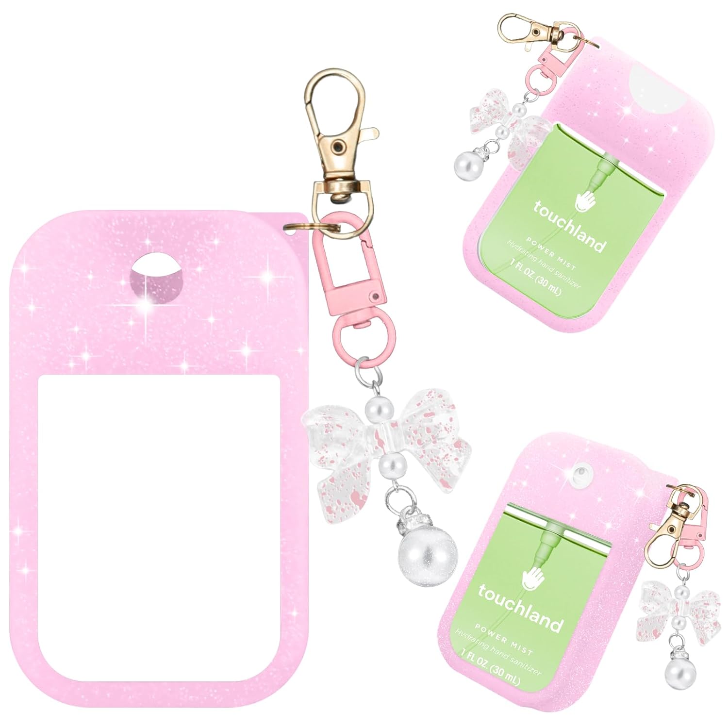 Hand Sanitizer Spray Case Compatible with Touchland Power Mist 1 oz(30 ml) - with Bow Keychain Silicone Protective Cover Accessories for Touchland (Glittery Pink)
