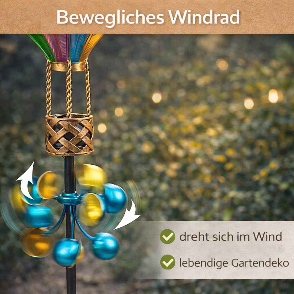 formano 2er Set Solarleuchten mit Flammen-Effekt & Windrad Solar Gartenstecker LED Ballon Bunte Acryl Ballonleuchten mit Dämmerungssensor, 114 cm Gartenstecker Solarlicht für Garten Balkon Terrasse