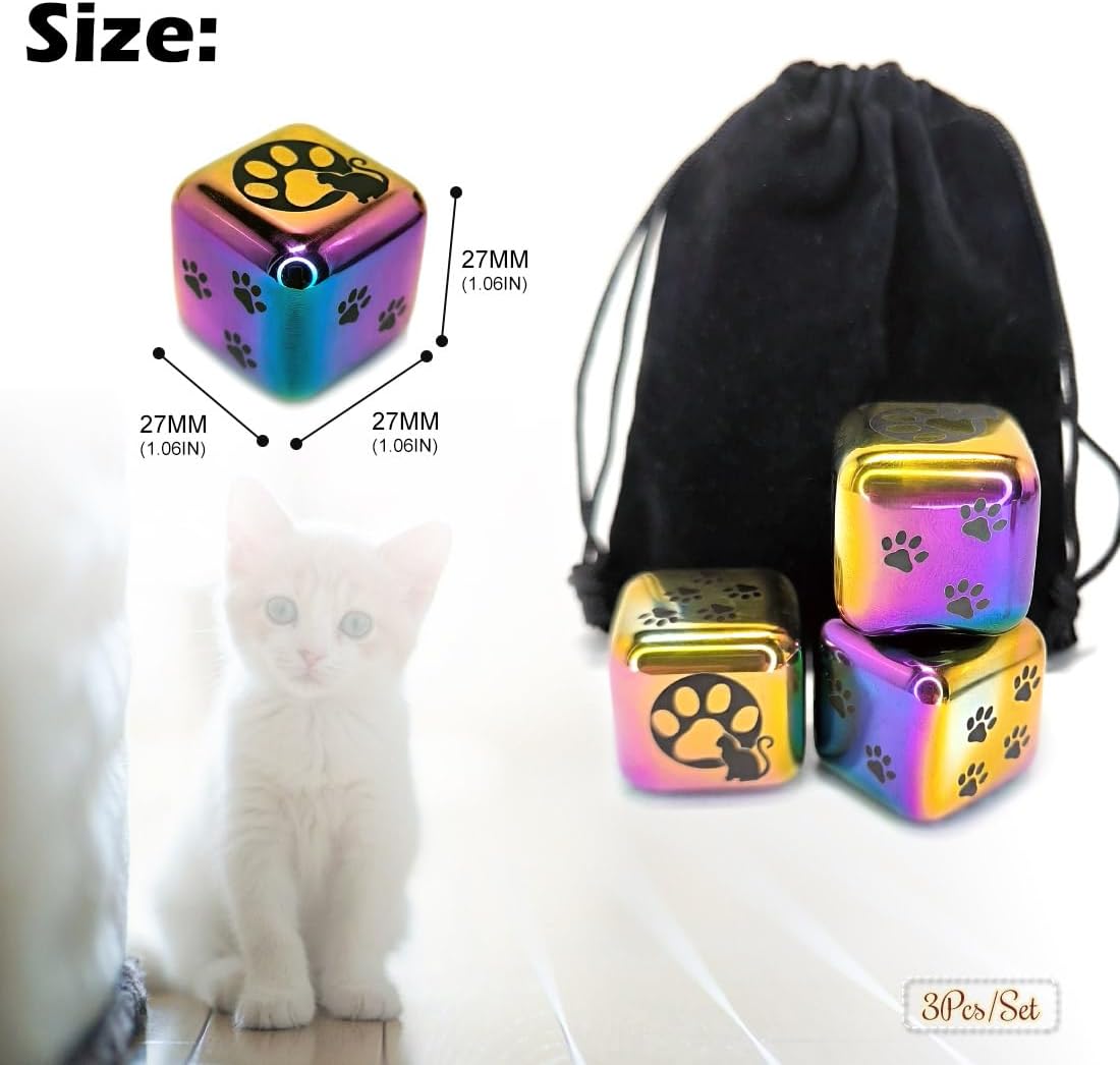 3Pcs/Set Creative Metal Dice Set, Cat's Paw Design Standard Dices 6 Sided Dice for DND MTG PRG Wow Tabletop Games (Colorful Version)