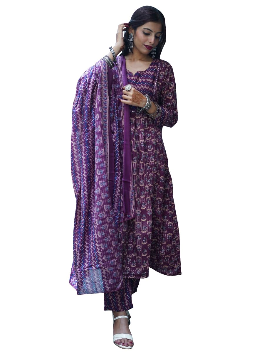 monira Women's Cotton Blend Jaipuri Printed Kurta & Pant With Dupatta (MONST218F-P_Wine & Beige_P)-picture-47