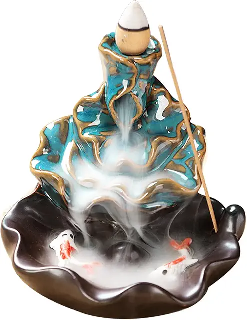 Ceramic Backflow Incense Burner - Lotus Fish Waterfall Design for Home Decor