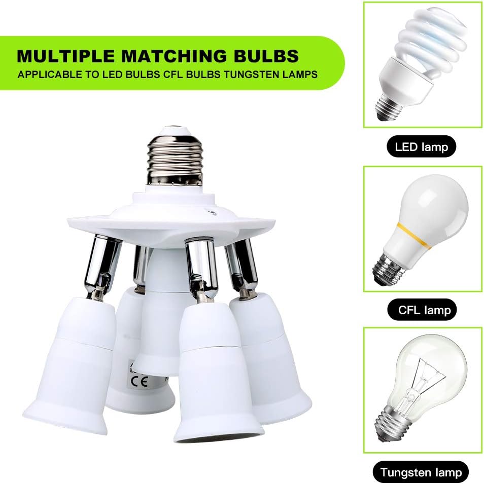 8T8 5 in 1 E26 Light Bulb Socket Splitter Converter Adapter 360 Degree Adjustable I Stardand LED Lamp Base Holder, Each Port 60 Watt, Total 300 Watt