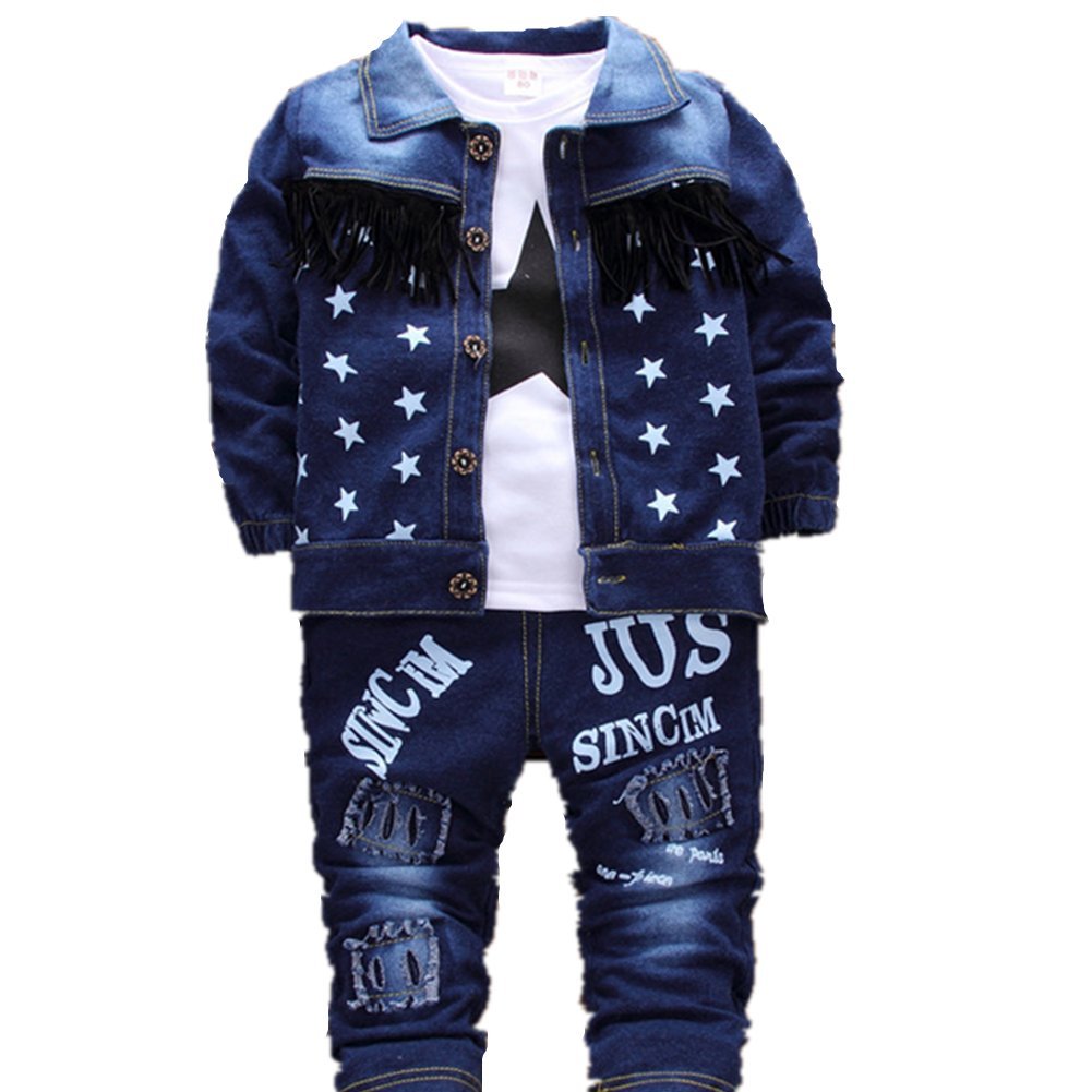 JIEYA Baby Boys Jeans 3 Piece Set Star Printed Jacket Coat+ T-Shirt+Pants