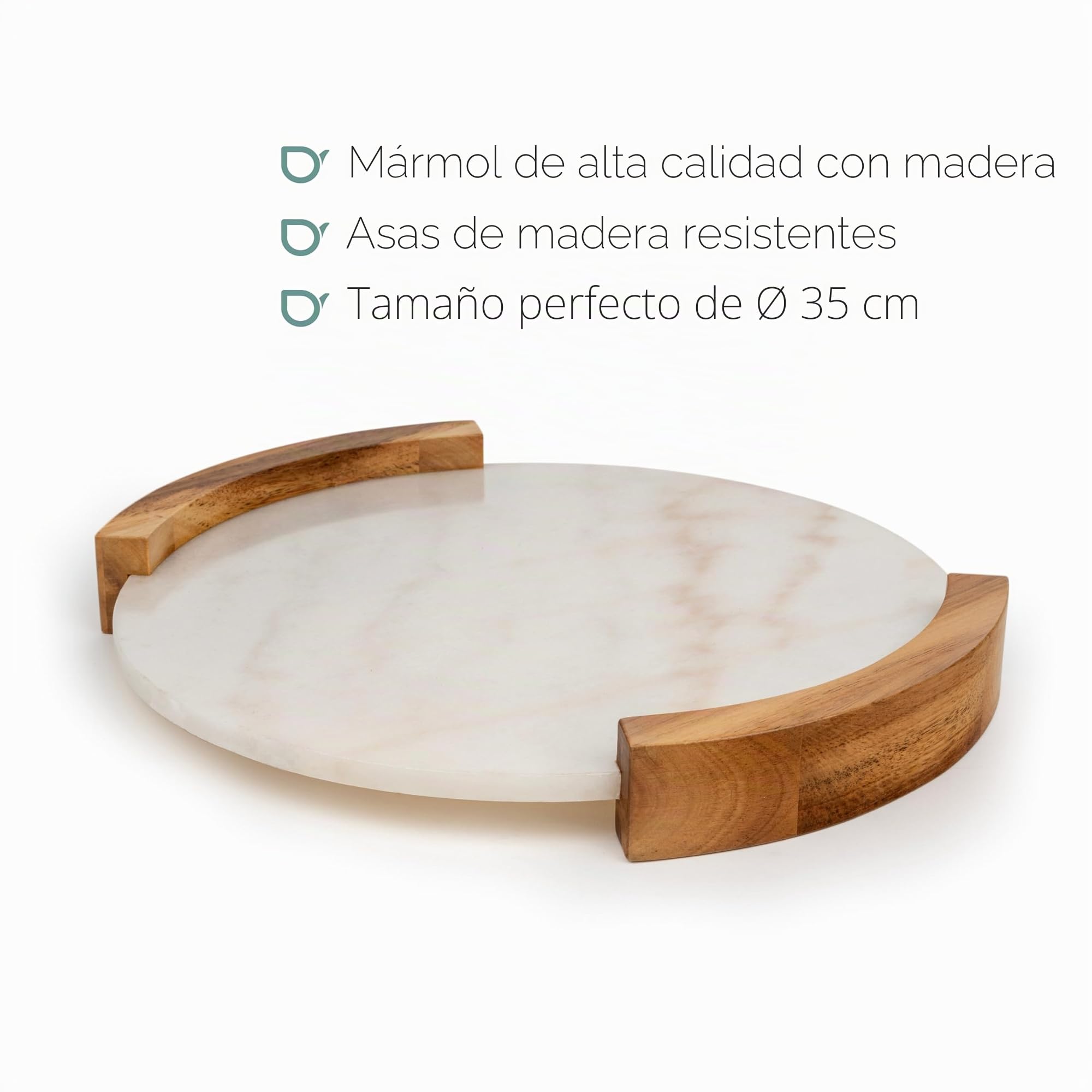 Bredemeijer Bandeja Redonda Grande de 35 cm de diámetro, Bandeja de mármol con 2 Asas Laterales de Madera, Ideal para Servir Bebidas y Aperitivos