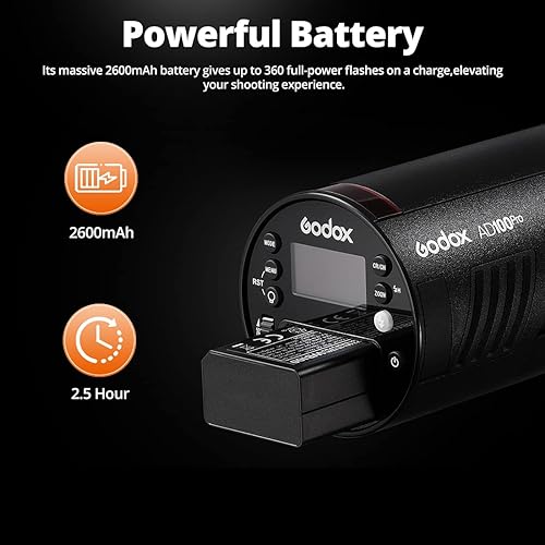 Miniatura 5 de Godox AD100Pro Flash 100Ws TTL 2.4G HSS 18000s Pocket Flash Light con 7.2V2600mAh Batería de litio 360 Full Power Flashes 0.01-1.5s