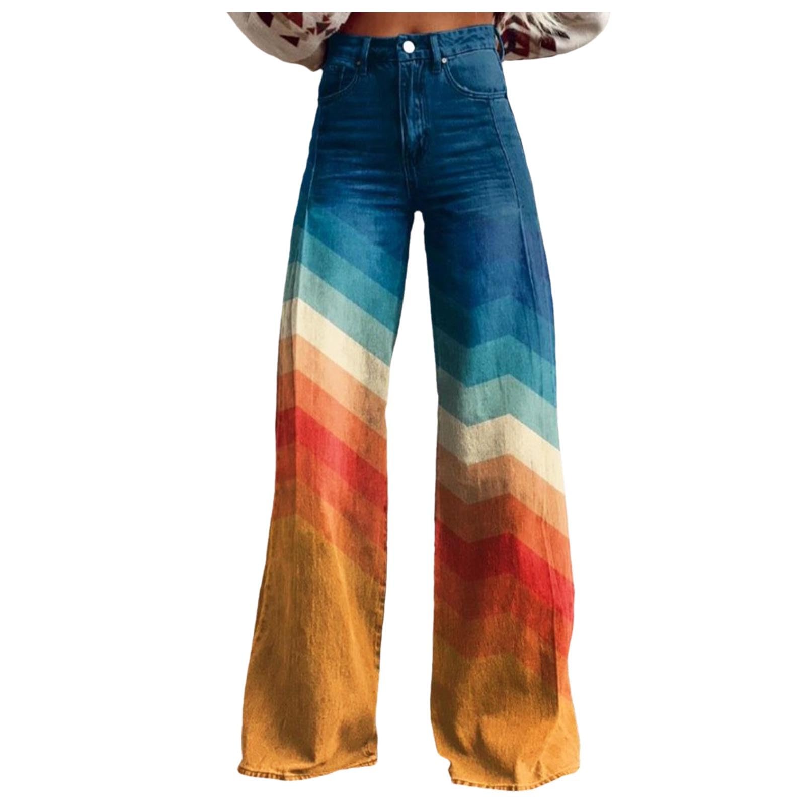 Jean Vintage à Jambes Larges Pour Femmes - Pantalon Denim Décontracté Taille Haute Imprimé Floral Années 90