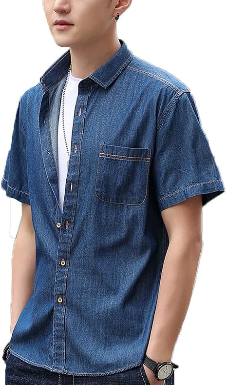 Young Men Short Sleeve Denim Shirt 