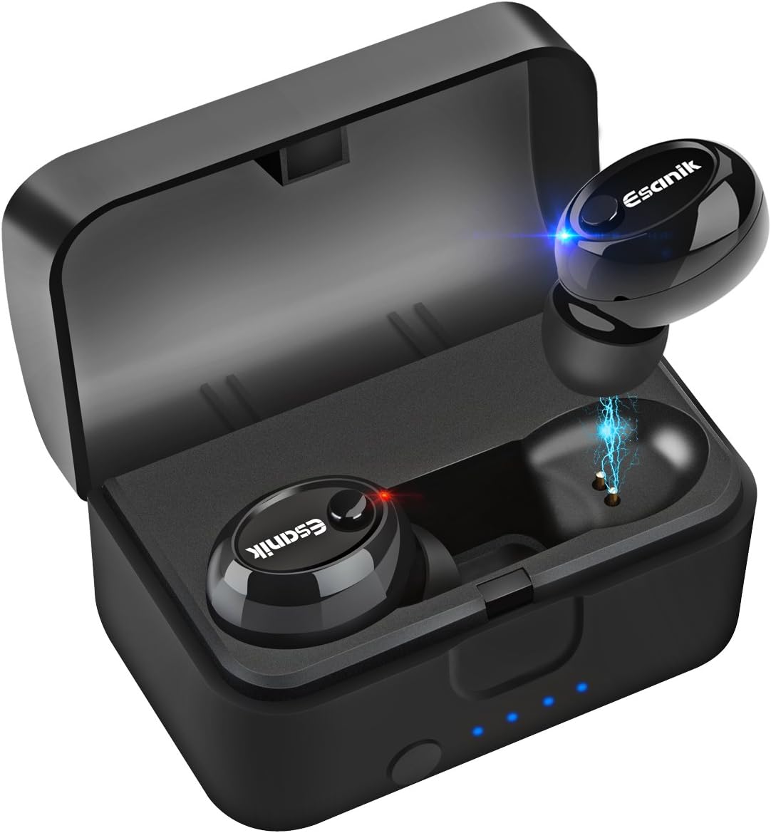 Esanik True Wireless Earbuds, TWS Mini Wireless Bluetooth Earphones Headphone Stereo with Charging Case and Built-in Mic for iPhone/iPad/Samsung/Laptop/Android Phones