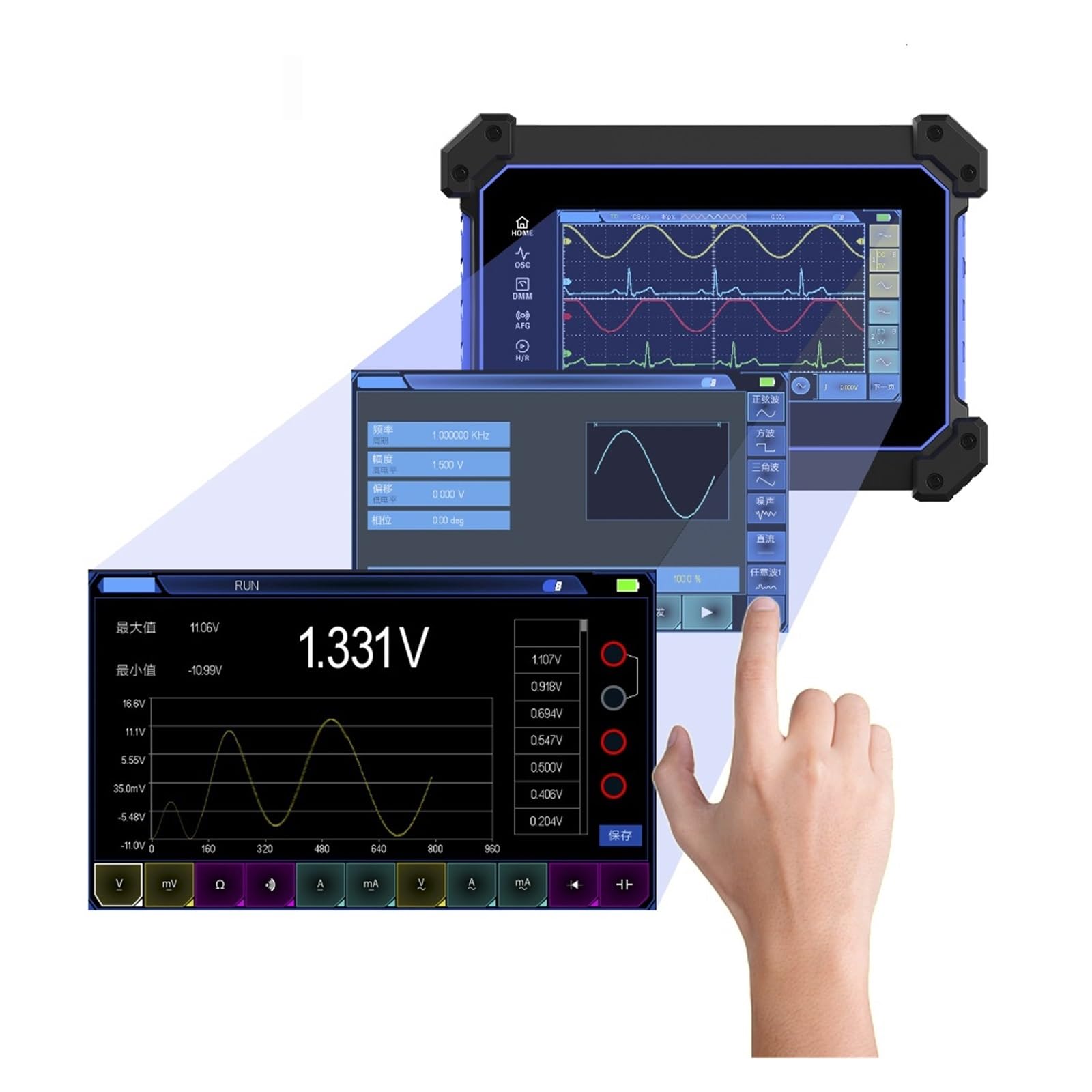 Equipo del osciloscopio de Digitaces, Osciloscopio Digital TO1112 TO1112C TO1112D con pantalla táctil, 2 canales, 110Mhz, Osciloscopio portátil, fuente de señal y multímetro Prueba de voltaje, corrien