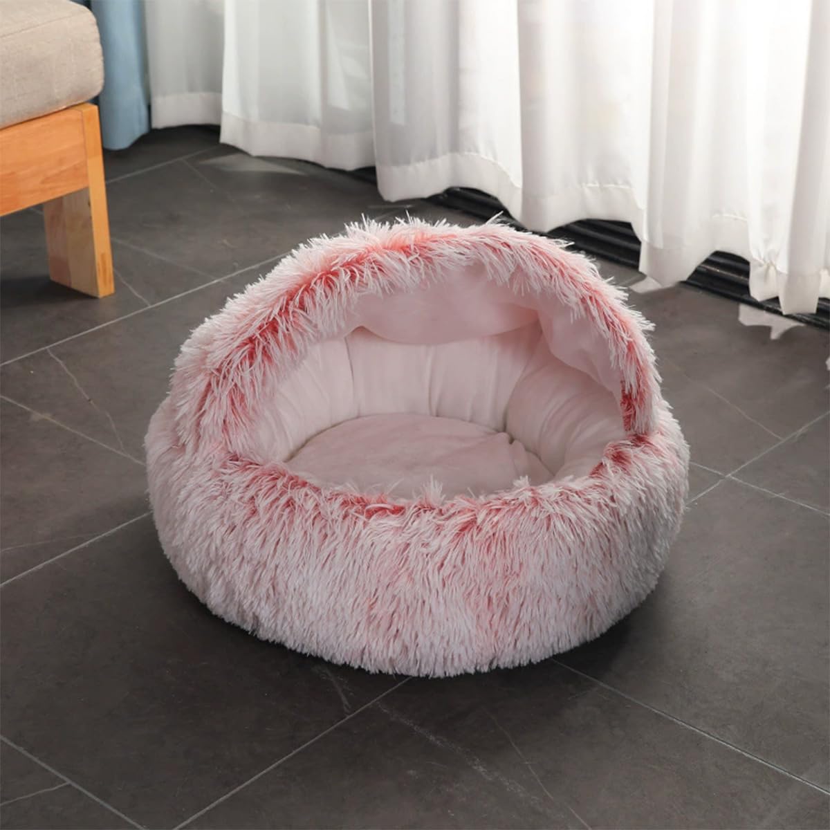 Grotte pour chat et chien de taille moyenne semi-fermée avec capuche pour chien de taille moyenne - Igloo apaisant d'intérieur - Lavable - Rose - 80 cm