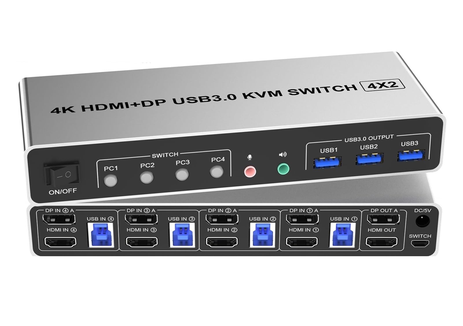 4K @ 60Hz USB 3.0 Displayport+HDMI KVM Switch 2 moniteurs 4 ordinateurs, 4 ports double moniteur HDMI+DP Monitor Switch pour 4 PC (prise américaine)