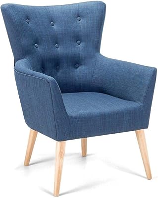 Mid Century Modern Wingback Armchair Buttoned Blue Fabric