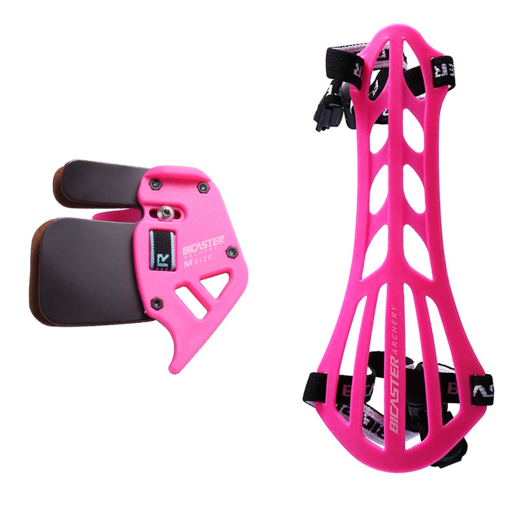 BICASTER Archery Finger Tab Guard (RH) + Arm Guard Set for Tradition Bow Recurve Bow Protective Gear (Pink, Medium)