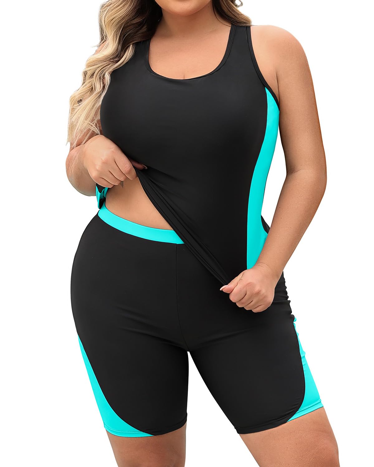 Daci Women's Plus Size Tankini Swimsuit - Two Piece Rash Guard with Capris Shorts and Athletic Racerback Bathing Suit