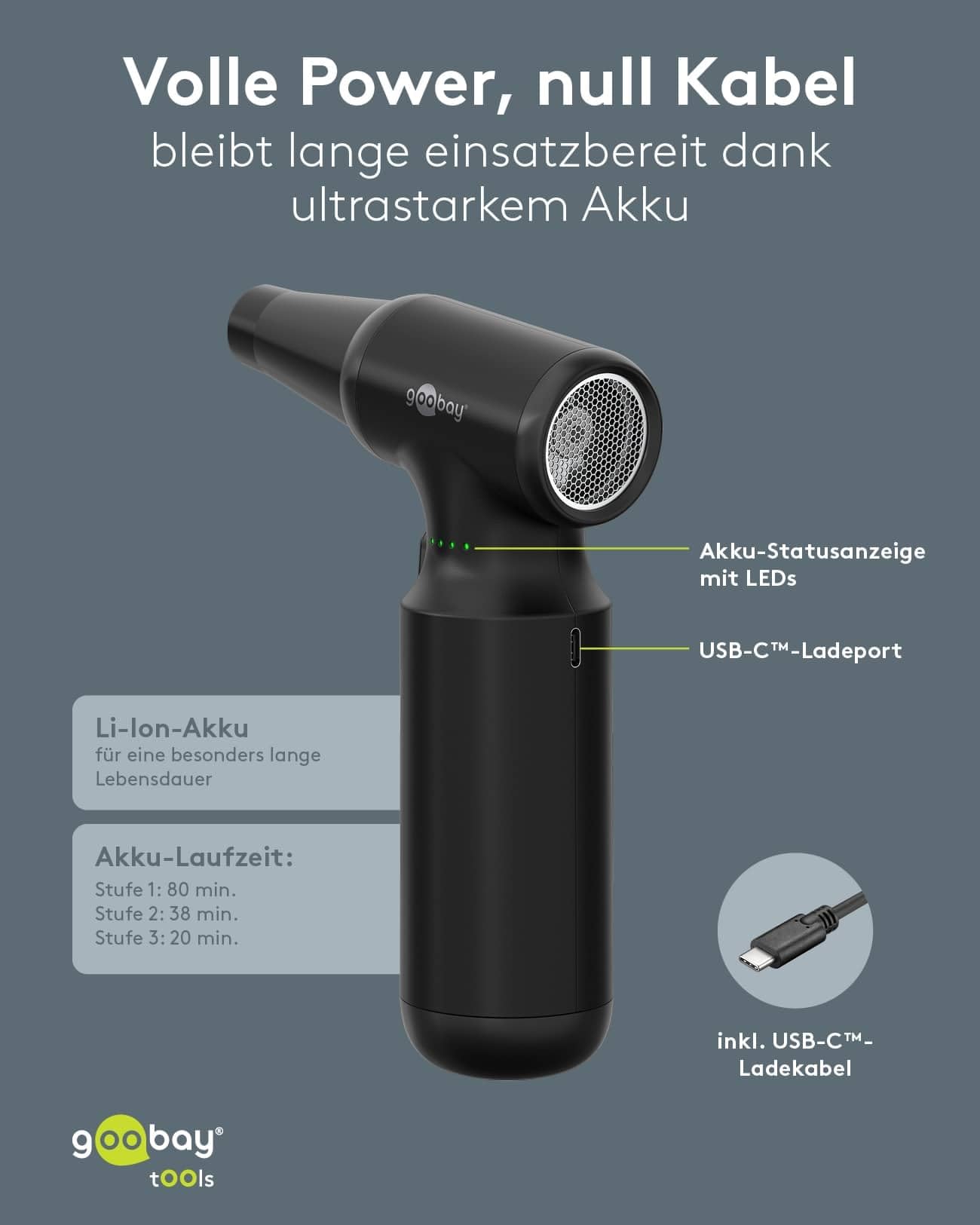 goobay Dmuchawa do kurzu z 3 prędkościami, bateria 6000 mAh, 110 000 obr./min, czas pracy do 80 min, w zestawie 8 nasadek do usuwania kurzu z klawiatur, komputera, na sofie, wnętrze samochodu – 77830