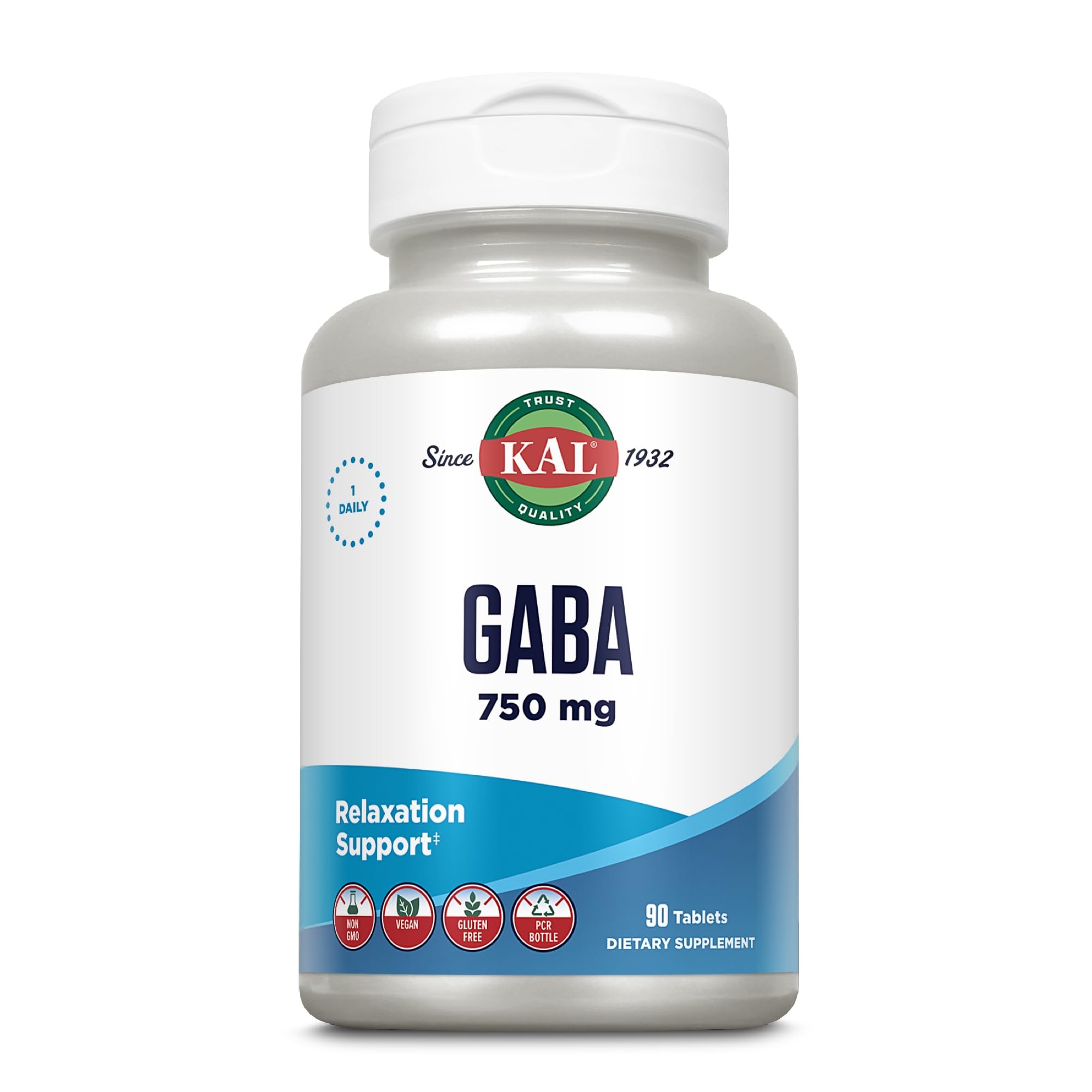 KAL GABA Supplement, Relaxation Support, GABA Supplements for Stress Relief Support, Vegan, Non-GMO, Gluten Free, Lab Verified, 60-Day Money-Back Guarantee, 90 Servings, 90 Tablets
