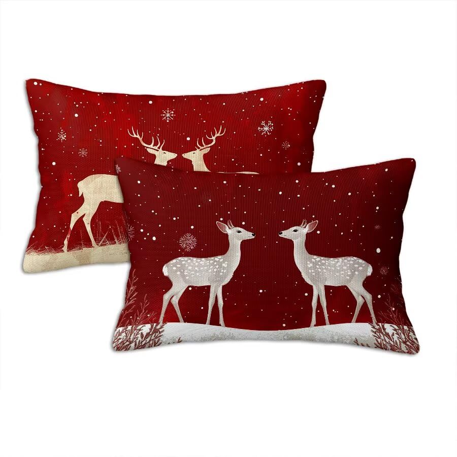 Outdoor Kissen 30 x 50 cm Weihnachten, Outdoor Kissenbezug Hirsch Gartenkissen 2er Set, Leinen Deko Kissen Doppelseitiger Druck, Lounge...