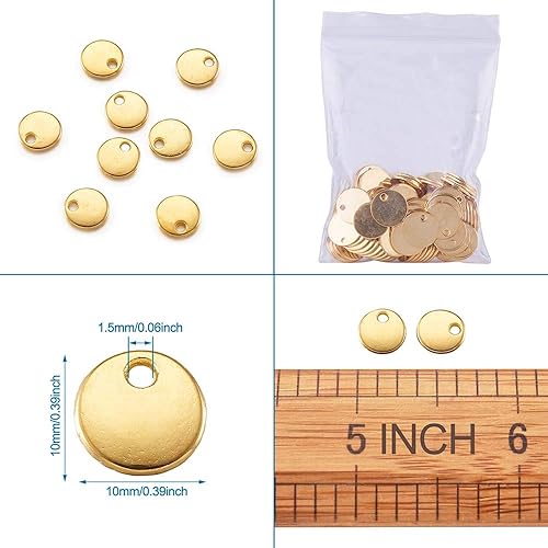 Miniatura 7 de Pandahall - 500 dijes redondos planos de acero inoxidable con estampado en blanco, color dorado, de 0.39 pulgadas, para hacer joyas Dorado-0.394 in,