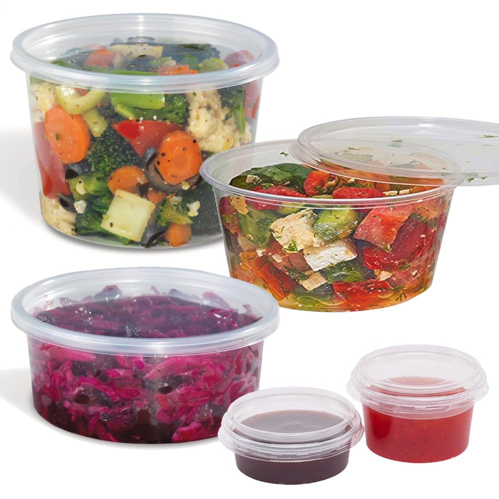 Bag Market | 50 x Round Clear Plastic Food Containers with Lids - Pots, Tubs, Deli, Takeaway, Dip (12oz / 342ml)