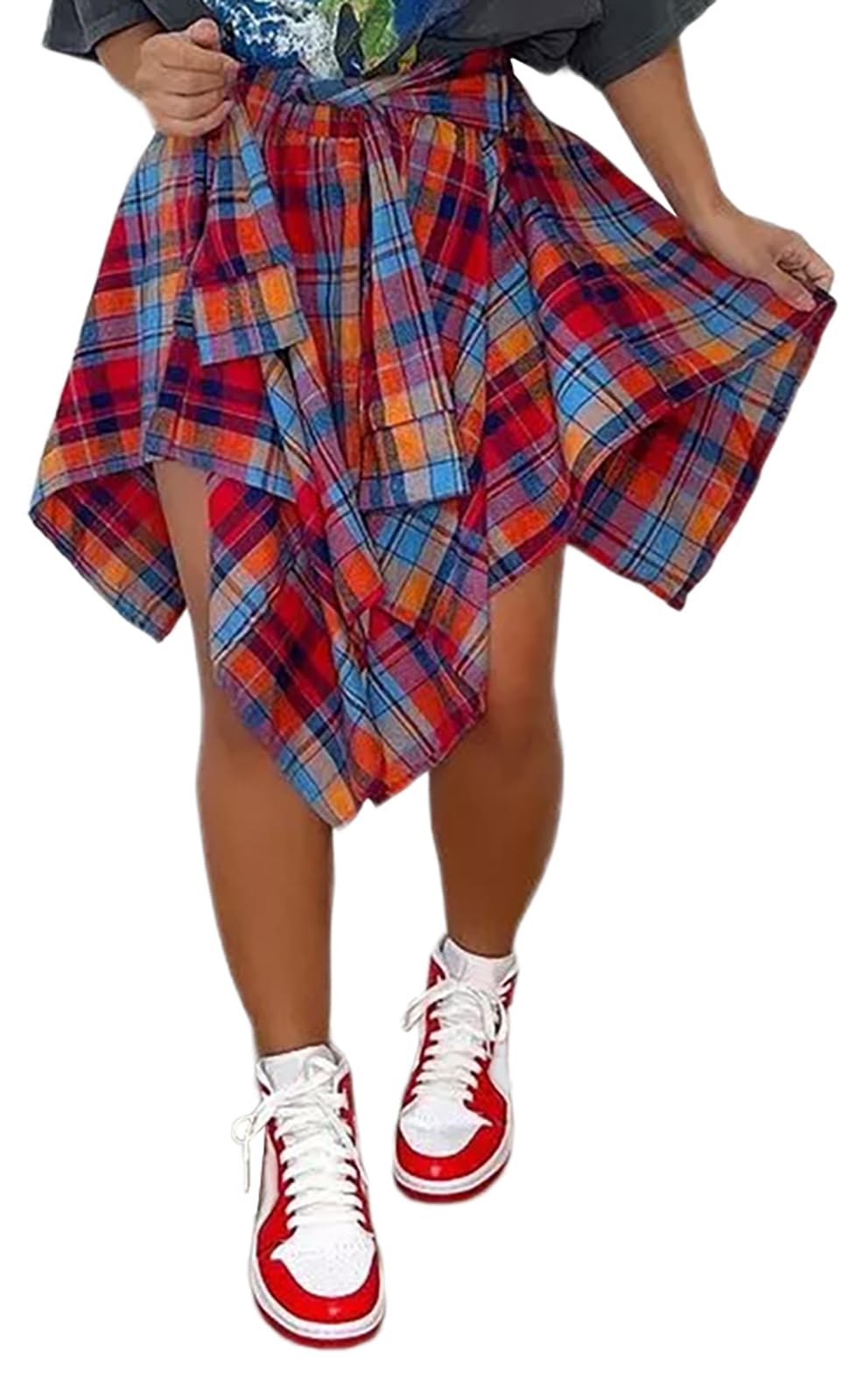 Womens Plaid Skirts Elastic High Waist Tie Front Asymmetrical Hem Pleated Mini Skirt