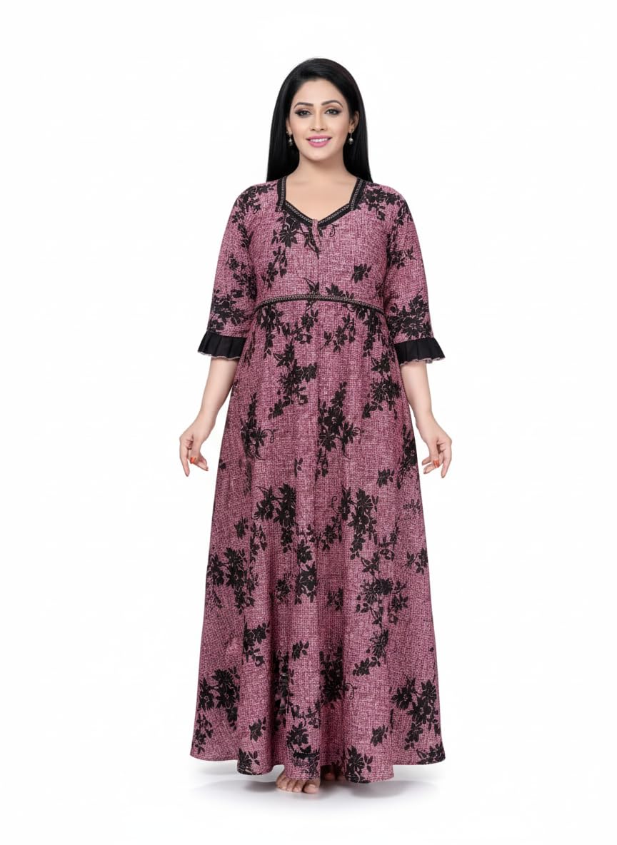 Women’s Floral Print Maxi Nighty | Soft Sarina Fabric Long Nightgown for Women | V-Neck Bell Sleeve Full Length Comfortable Sleepwear & Lounge Wear-picture-44
