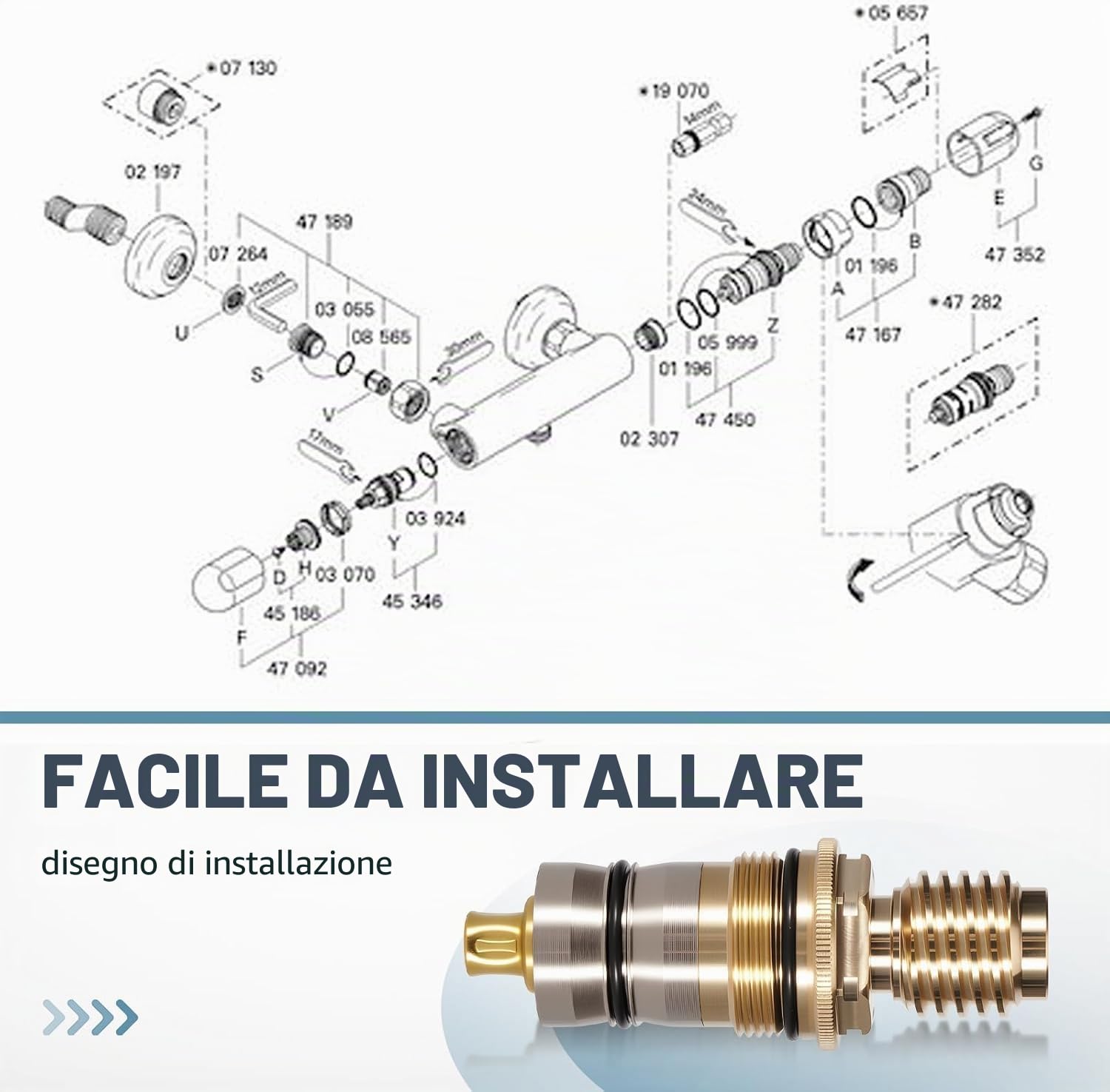 GR-47450000 - Cartuccia termostatica 1/2" in ottone e acciaio inox, compatibile con Grohtherm 1000/3000 e Automatic 2000 - ricambio 47450000