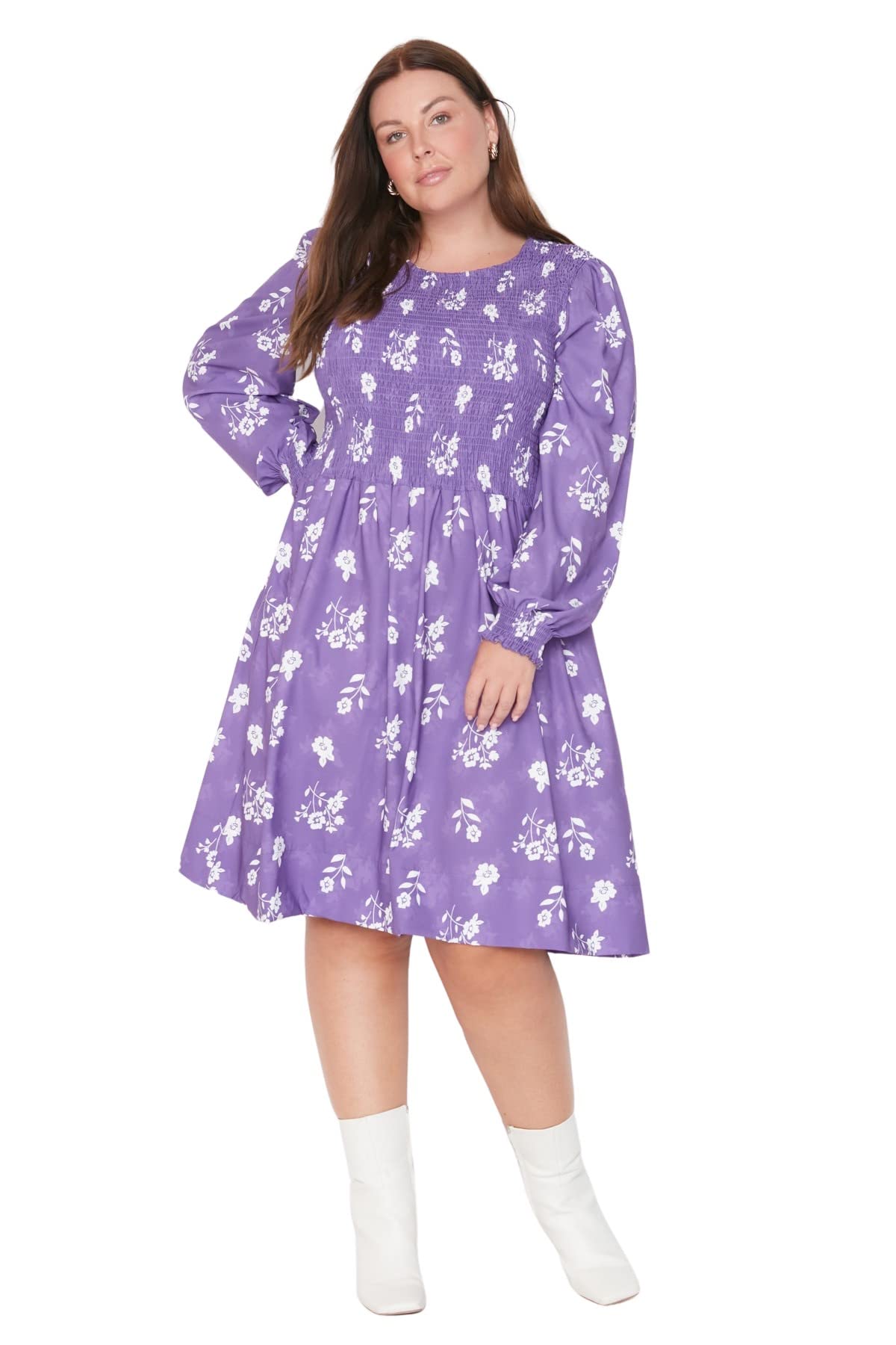 Trendyol Damen Lila A-Linie A-Linie Rundhalsausschnitt Webstoff Große Größen In Kleid, 48