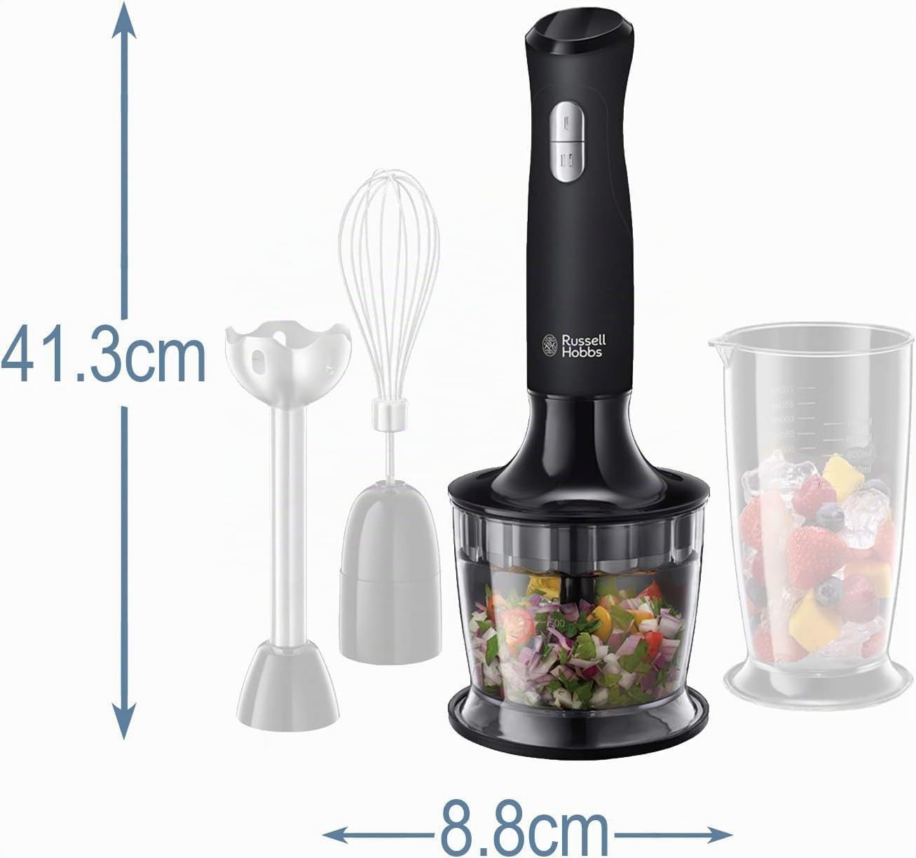 Russell Hobbs Frullatore A Immersione,3 In 1: Frullatore (bicchiere 700 Ml), Tritatutto (500 Ml), Frusta Per Montare, 2 Velocità, Zuppe, Yogurt, Salse, Frusta, Lavastoviglie Ok, Nero 24702-56