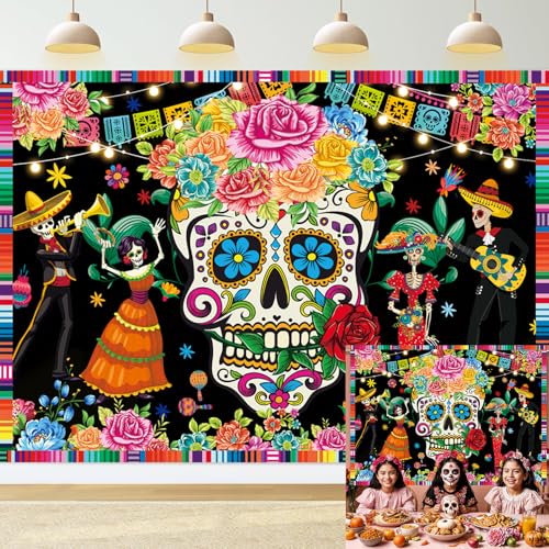 Day of The Dead Backdrop 7x5FT Sugar Skull Flowers Dia DE Los Muertos Photography Background Mexican Fiesta Themed Baby Shower Birthday Party Decoration Supplies Photo Props