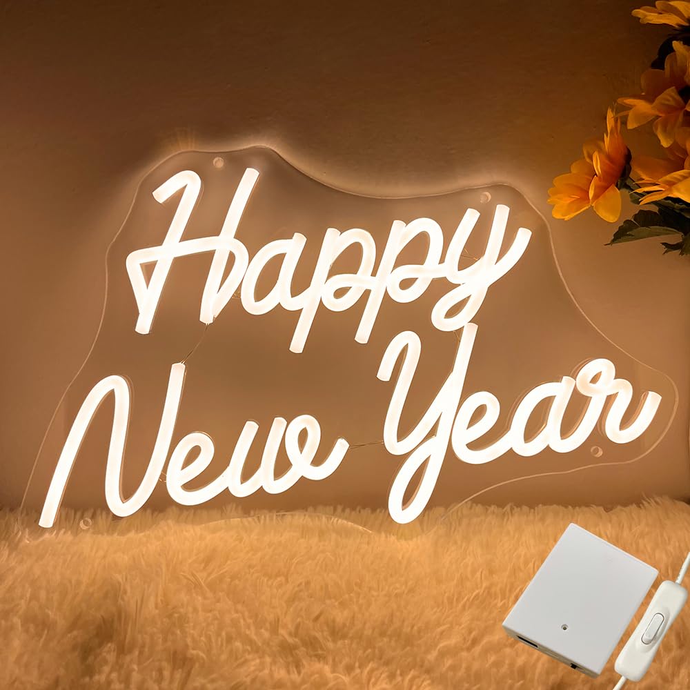 Neonowy znak "Happy New Year", zasilany bateriami, na Nowy Rok, dekoracja imprezowa, LED, szczęśliwego Nowego Roku, do domu, dekoracji ścian, sklepu, bożonarodzeniowych lampek okiennych