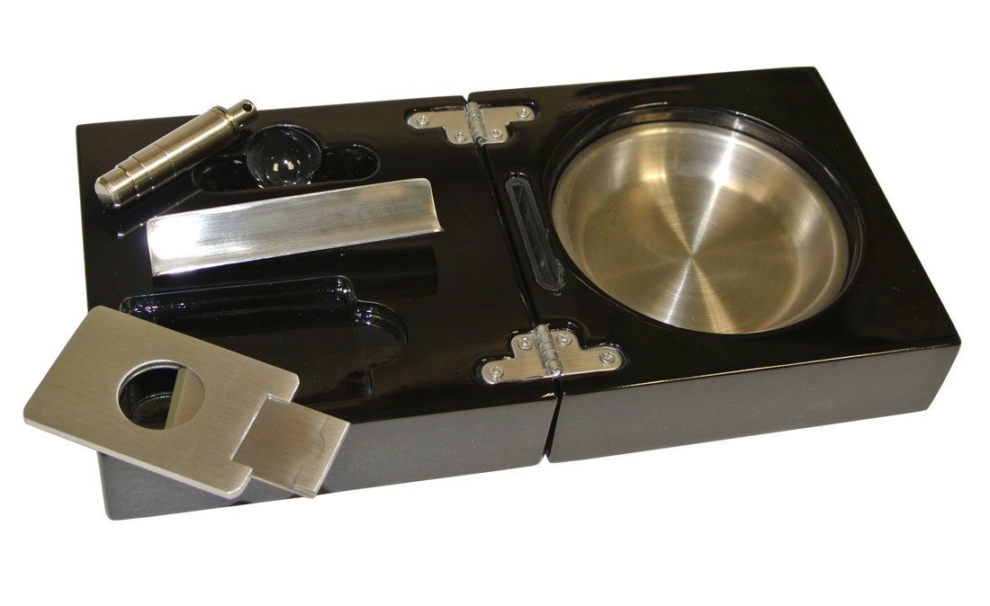 Visol Bremen Black Lacquer Folding Cigar Ashtray with Cutter and Punch