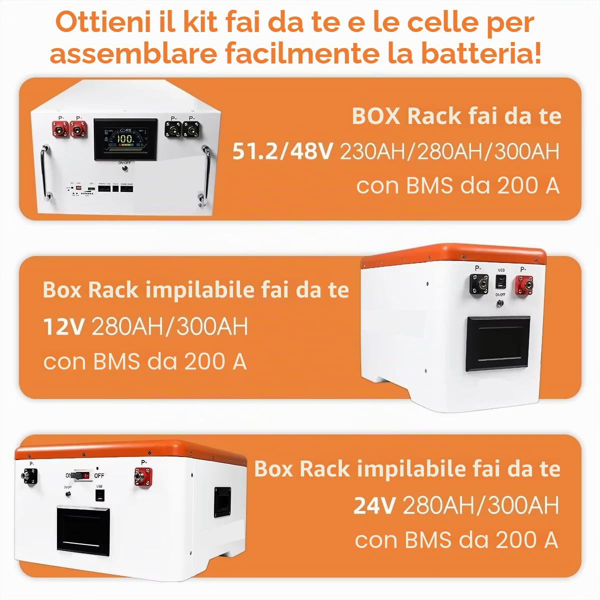 Kit Batteria per Impianto Fotovoltaico 51,2V 280Ah/314Ah/320Ah LiFePO4 Senza Celle, Pacco Batteria 48V con BMS, Espandibile fino a 16 Unità, Accumulo Solare, Off-Grid, Emergenza