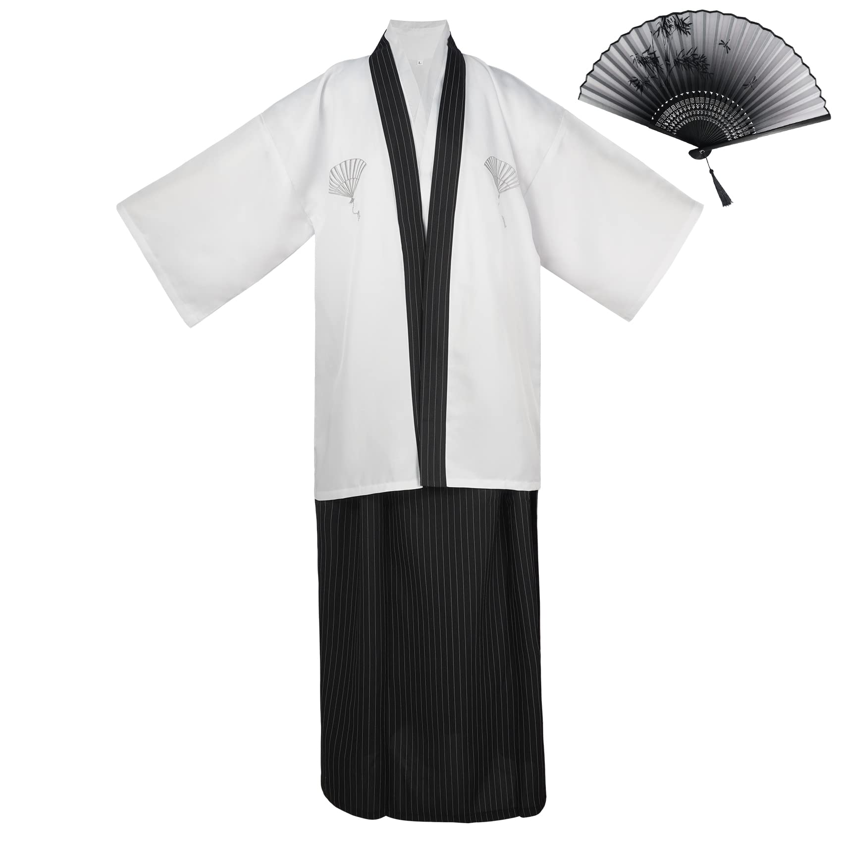 KRUIHAN Kimono Japonés para Hombre,Yukata Kimono Bata,Uniforme Samurai Tradicional Japonés,Disfraz Cosplay,Ropa Estilo Japonés,Chaqueta Haori,Top,y Falda Hakama,Talla Única(L)