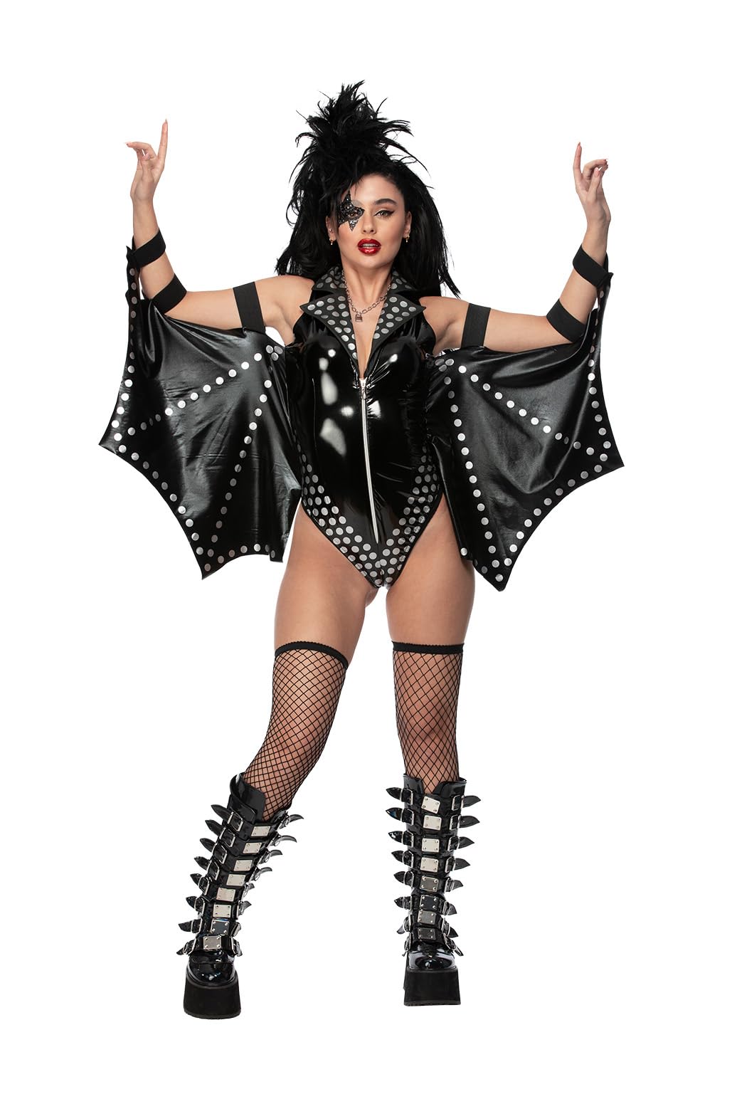 Smiffys Fever Rockstar Costume for Women, Small Sexy Black Vinyl Bodysuit with Studded Wing Sleeves – Glam Rock Fancy Dress for Festivals, Gigs, Stage Shows & Halloween Small