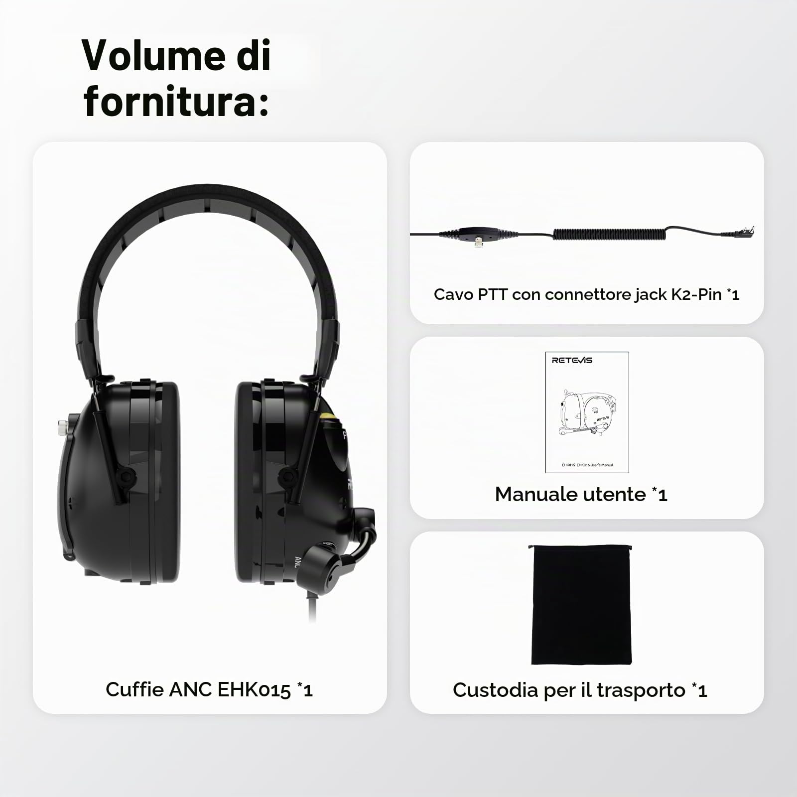 Retevis EHK015 Walkie Talkie Cuffie, Cuffie Radio ANC Overhead, Pieghevole Doppio PTT Pulsanti Rotanti Microfono Kenwood 2-Pin, Compatibile con Baofeng UV5R RT24 RT27 RT668 RT86 RT3S(1 Pz)
