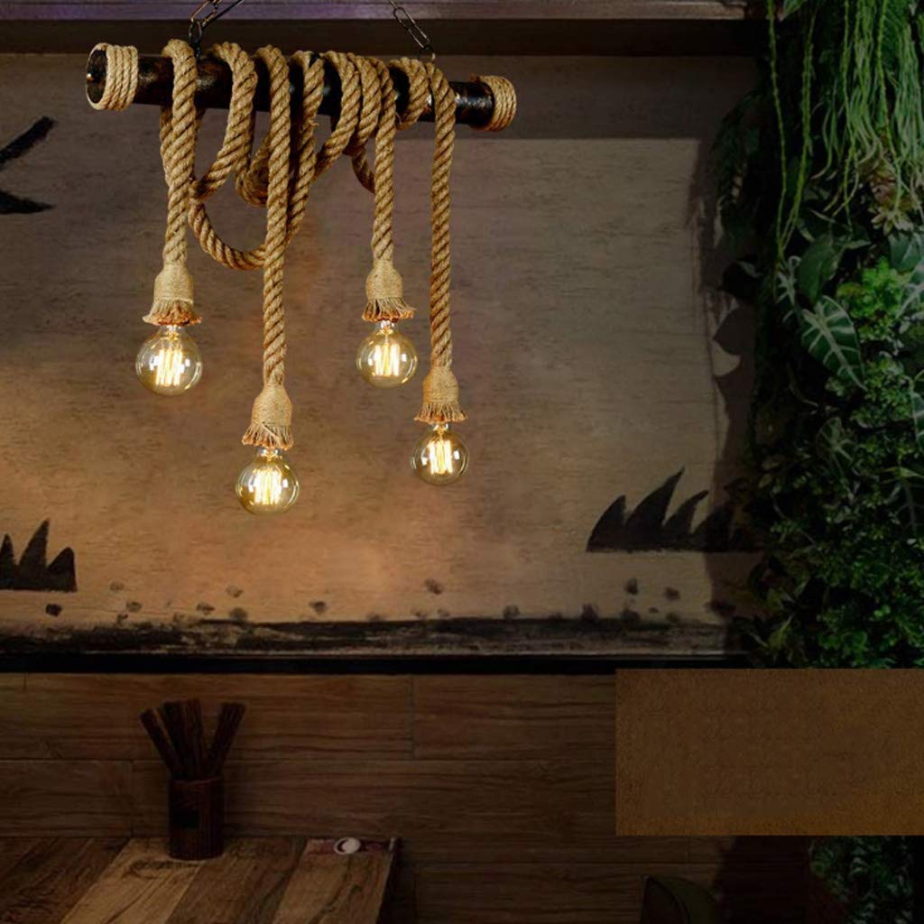 Lámparas De Araña Hierro Cuerda Cáñamo Industria Lámpara Colgante Retro E27*4 Araña De Luces Altura Ajustable Tejida A Mano Interior Living Iluminación Colgante Habitación Restaurante Bar