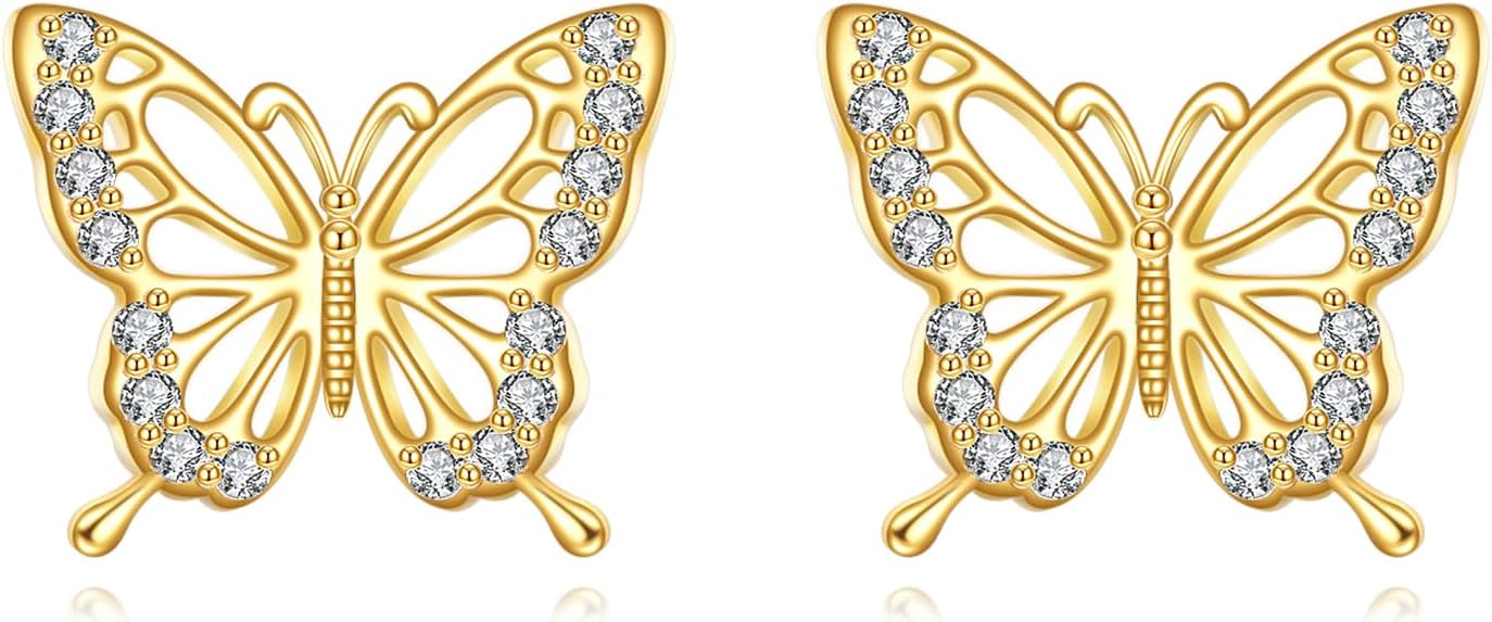 DOVRAN 9K 10K 14K Real Gold Earrings Animal Stud for Women Solid Yellow Gold Cute Insect Jewelry Gifts for Girlfriend Wife Mom