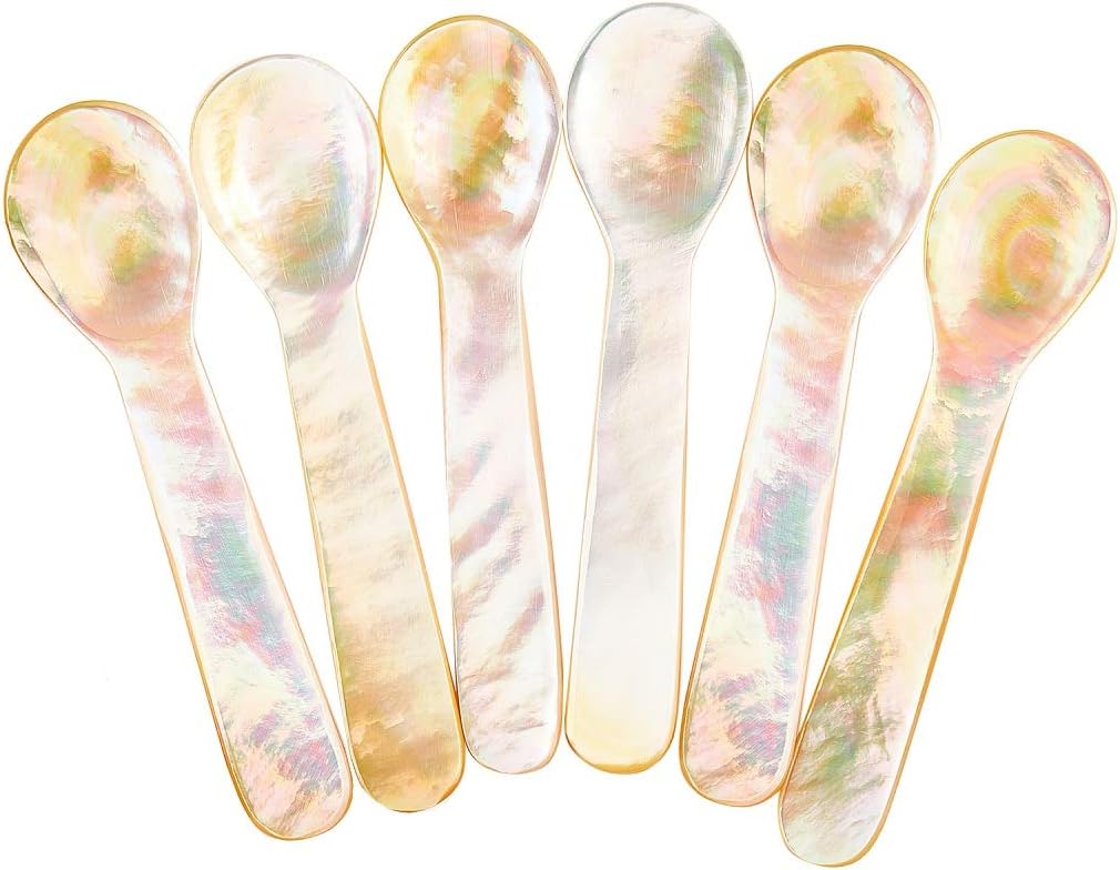 Set of 6 Mother of Pearl MOP 7x2cm Sea Shell Spoons for Caviar, Egg, Icecream, Coffee Serving (Shining Sea Pearl Shell Spoon)